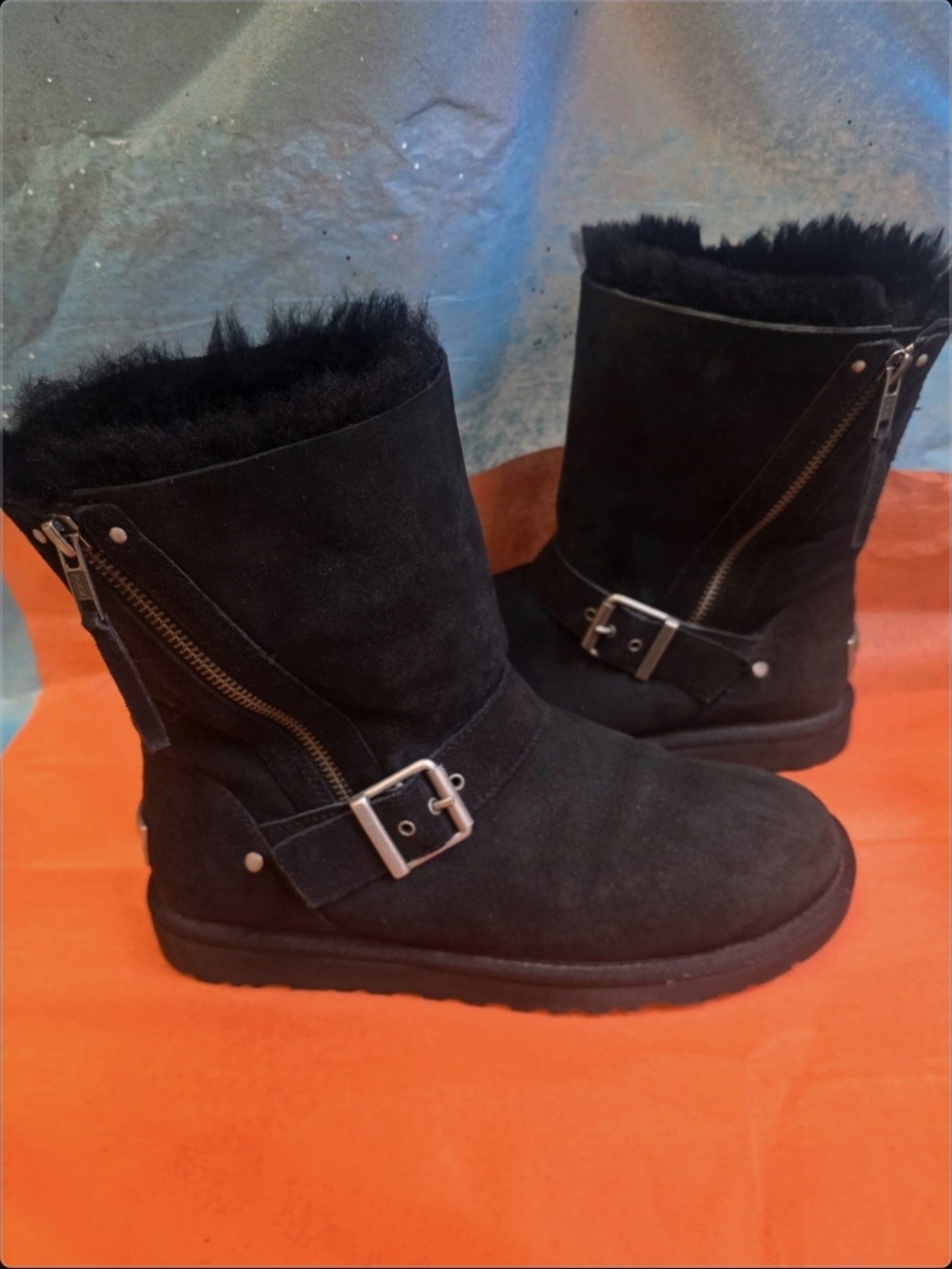 UGG Australia Blaise Black Suede Shearling Moto Zip Buckle Boot Sz 7 1003888 EUC